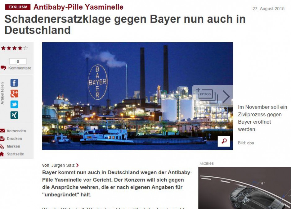 Schadenersatzklage gegen Bayer nun auch in Deutschland Schadenersatzklage gegen Bayer nun auch in Deutschland